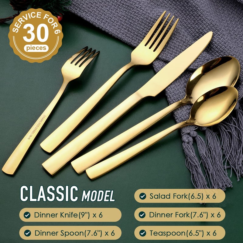 OGORI Gold Silverware Set  OGORI 30-Piece Gold Forged Stainless Steel Flatware Set with Square Handle  Service of 6 - Image 3